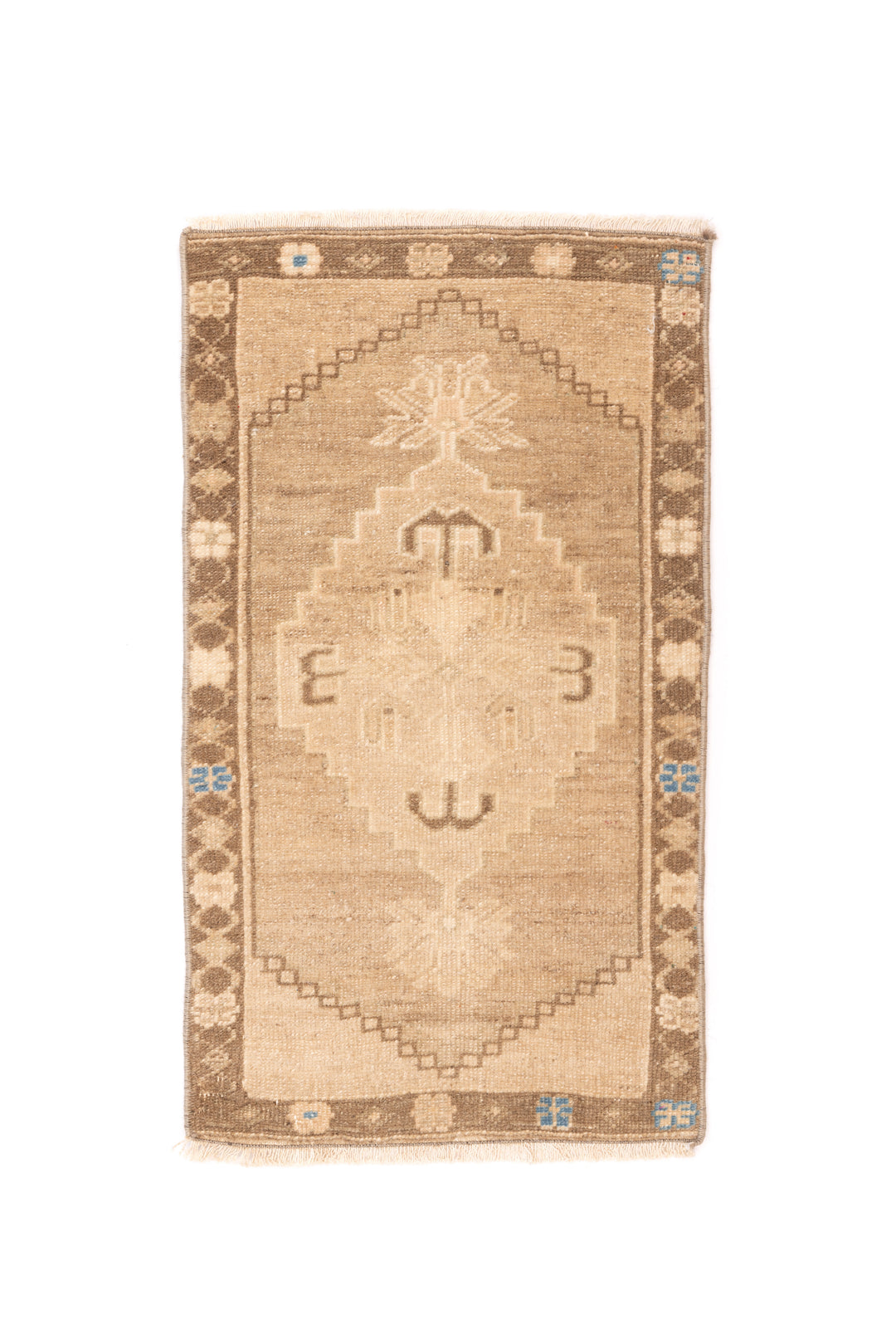 Mini Vintage Rug 15 | 1'7" x 2'10", Camel and Dark Brown Tones, Specs of Navy