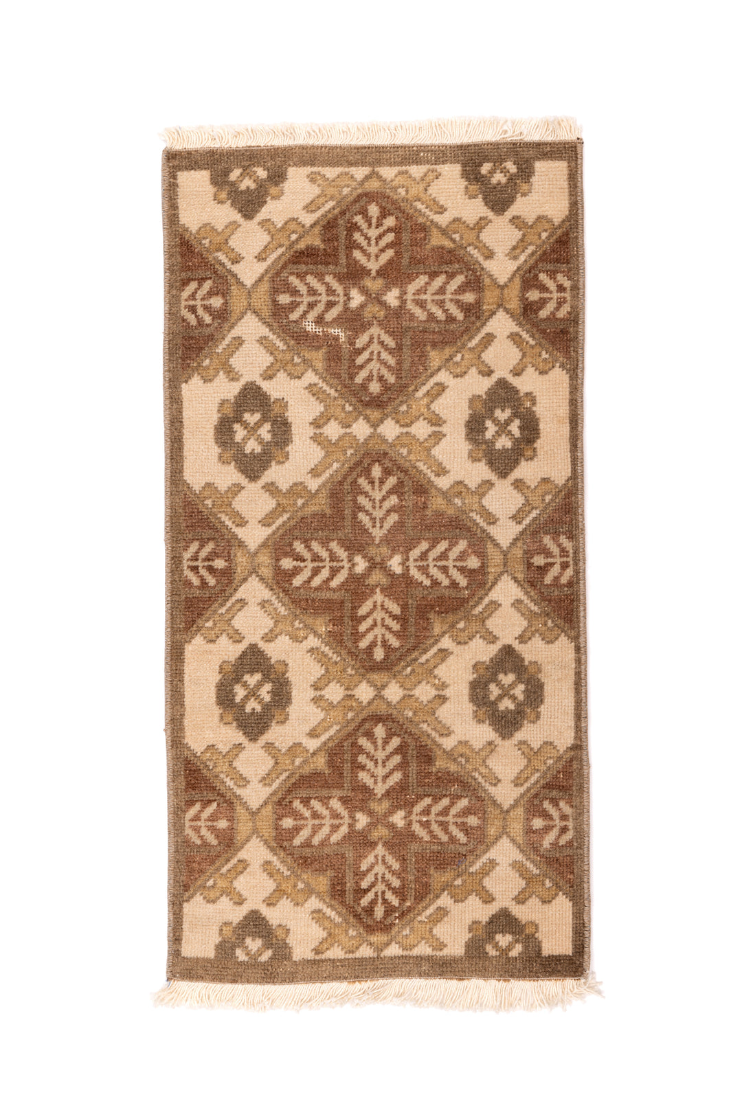 Mini Vintage Rug 25 | 1'6" x 3'1", Camel and Dark Brown Tones, Olive Green Hues