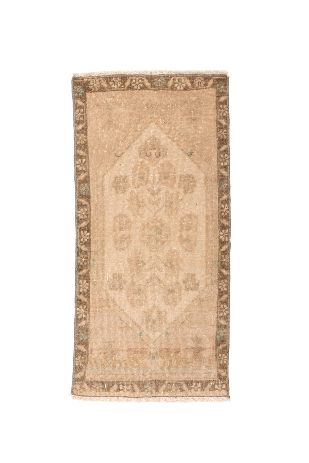 Mini Vintage Rug 33 | 1'6" x 3'2", Cream and Brown, Teal Specs, Warm Muted Pattern