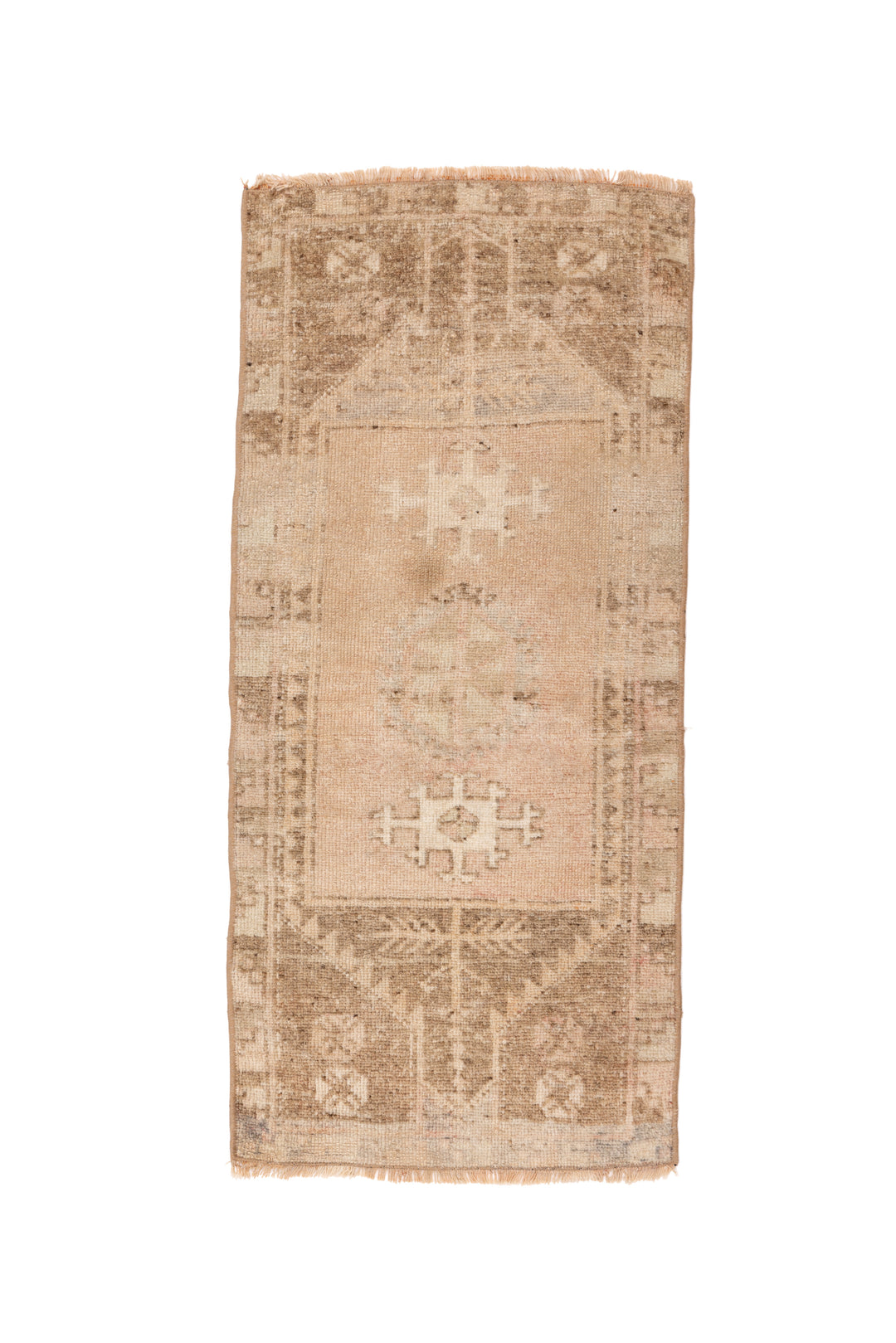 Mini Vintage Rug 35 | 1'8" x 3'4", Warm Muted Sunset Hues, Rust Fringe