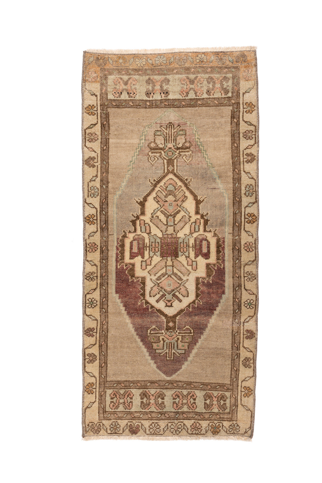 Mini Vintage Rug 36 | 1'9" x 3'11", Faded Olive Brown Mulberry and Teal Specs
