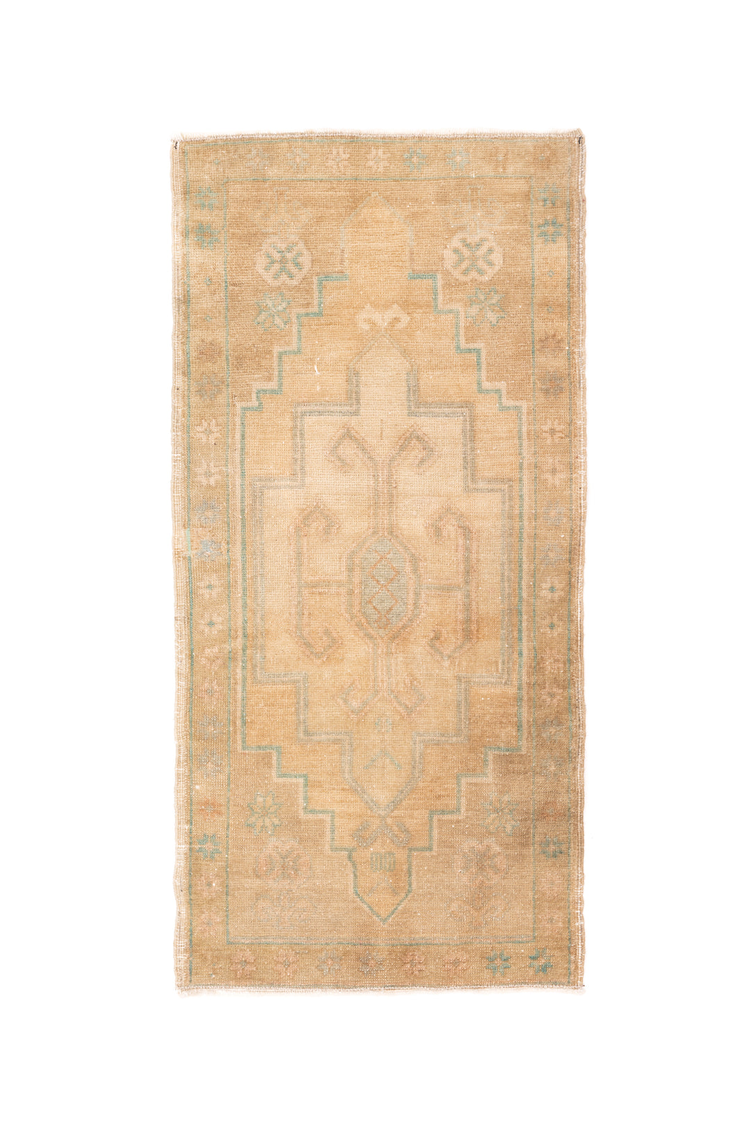 Mini Vintage Rug 7 | 1'6" x 3', Olive Green and Brown Tones with Teal Specs
