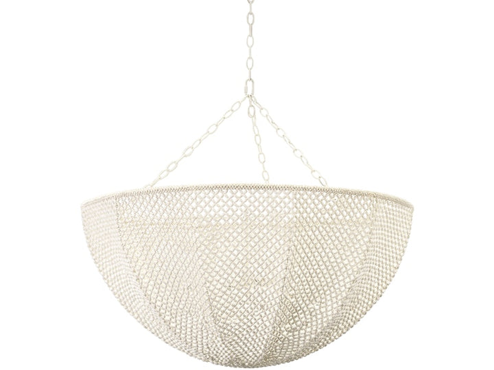 A white wood bead chandelier with a metal frame, hanging from a cream finished chain.