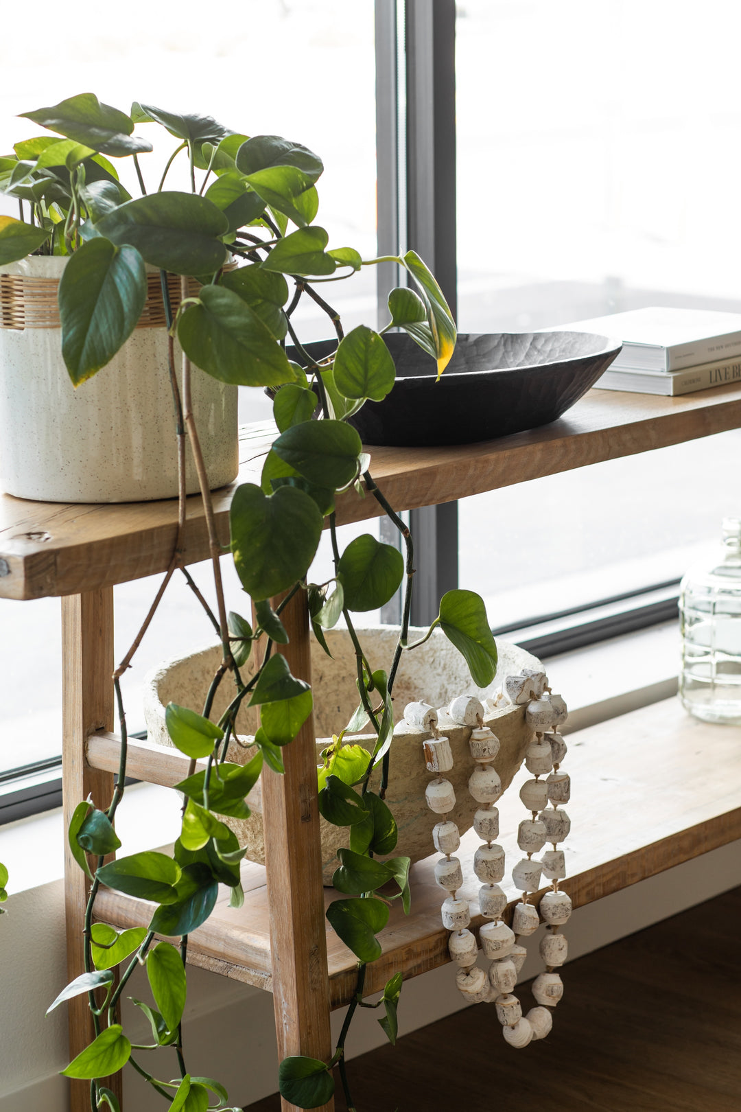 Indoor plant on a wooden shelf console with a modern interior setting