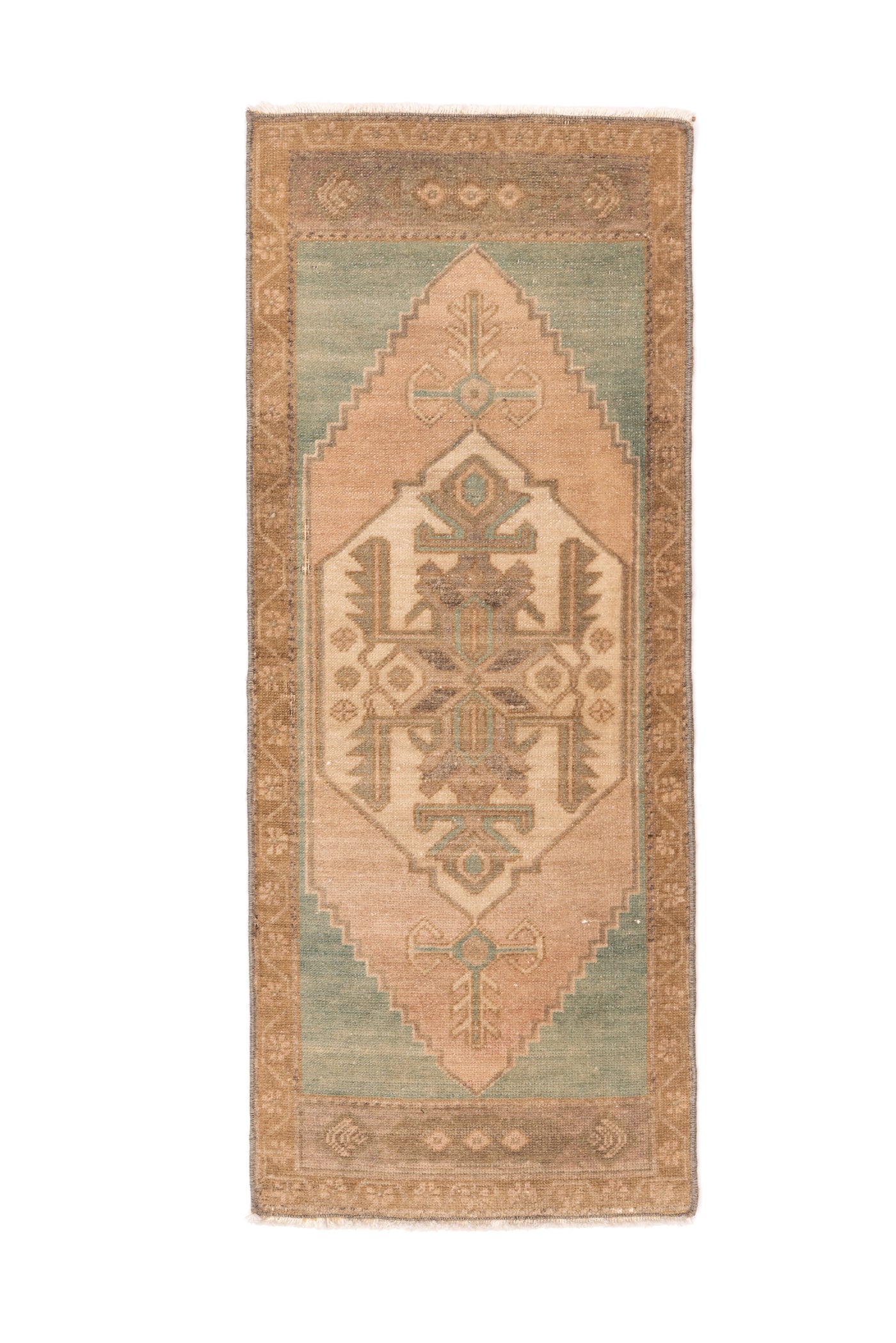 Mini Vintage Rug 28 | 1'7" x 3'10", Olive Green and Peach, Rust Tones
