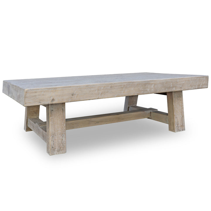 A rectangular solid pine wood coffee table with a split top and a robust base, displayed on a white background.